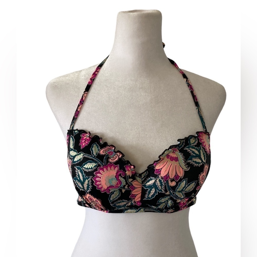 Shade and Shore 32D bikini top black floral halter